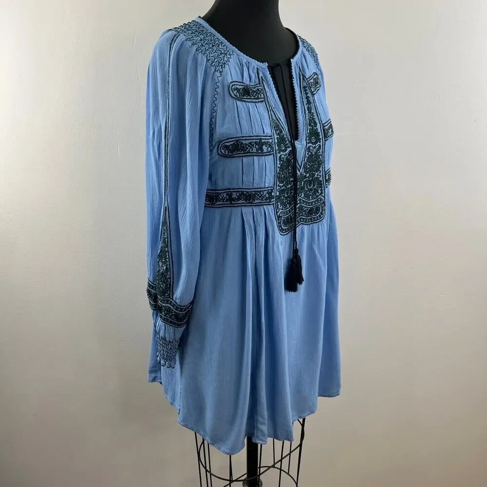 FREE PEOPLE Wind Willow Womens River Skies Blue Embroidered Boho Mini Dress XS